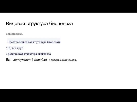 Видовая структура биоценоза Естественный Пространственная структура биоценоза 5-й, 4-й ярус Трофическая