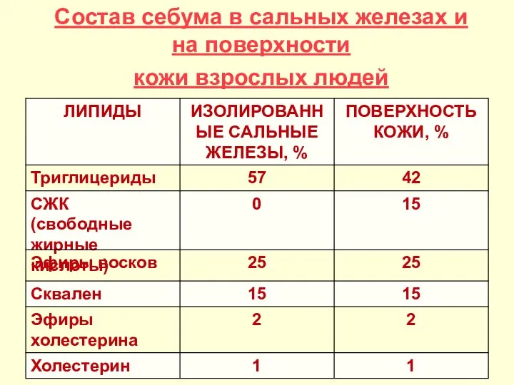 Состав себума в сальных железах и на поверхности кожи взрослых людей