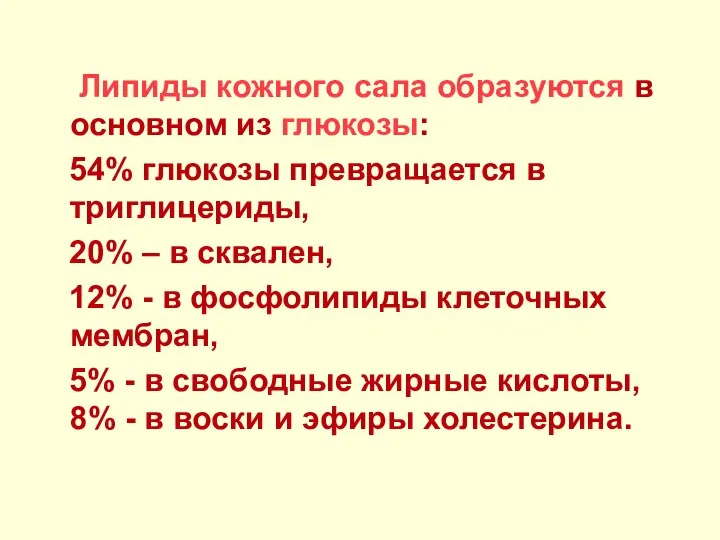 Липиды кожного сала образуются в основном из глюкозы: 54% глюкозы превращается