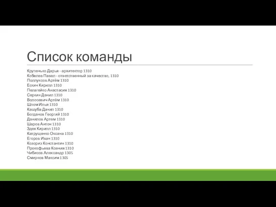 Список команды Крупенько Дарья - архитектор 1310 Кобелев Павел - ответственный