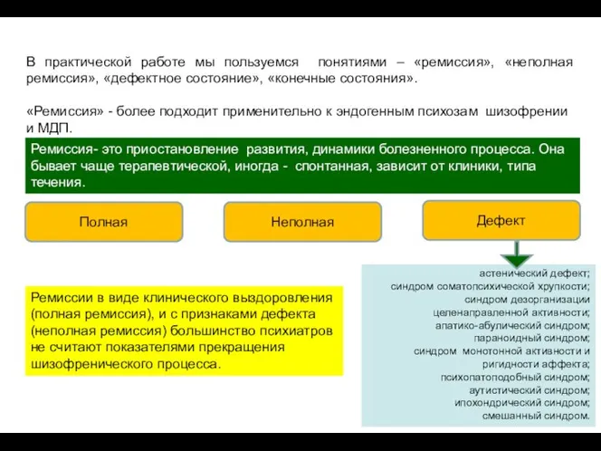 В практической работе мы пользуемся понятиями – «ремиссия», «неполная ремиссия», «дефектное