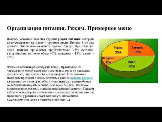 Организация питания. Режим. Примерное меню Важным условием является строгий режим питания,