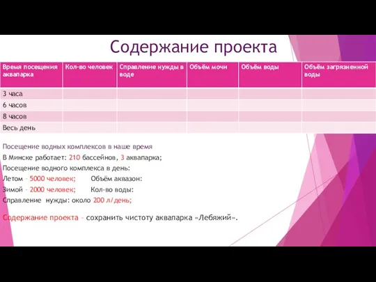 Содержание проекта Посещение водных комплексов в наше время В Минске работает: