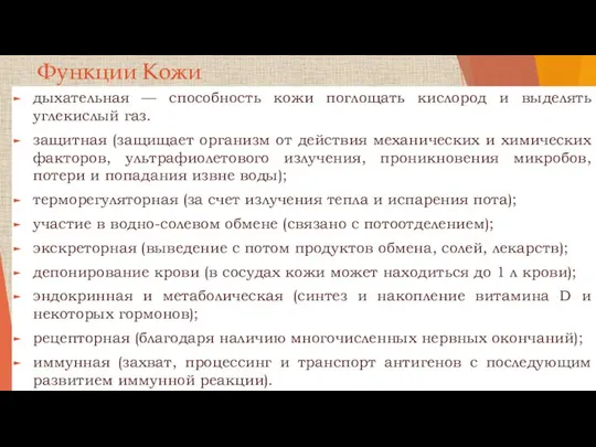 Функции Кожи дыхательная — способность кожи поглощать кислород и выделять углекислый