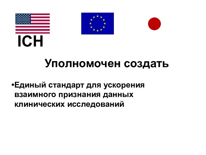 Уполномочен создать Единый стандарт для ускорения взаимного признания данных клинических исследований ICH