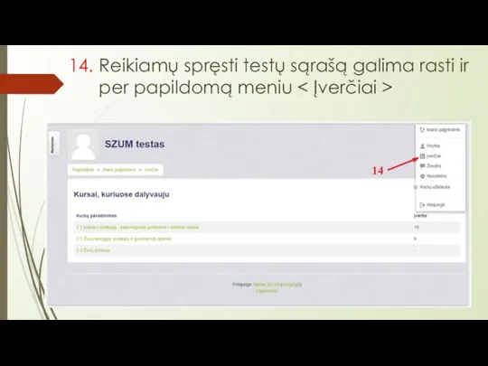 14. Reikiamų spręsti testų sąrašą galima rasti ir per papildomą meniu