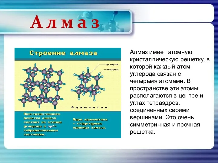 Алмаз имеет атомную кристаллическую решетку, в которой каждый атом углерода связан