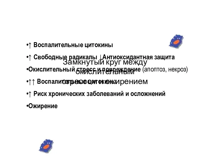 ↑ Воспалительные цитокины ↑ Свободные радикалы ↓Антиоксидантная защита Окислительный стресс и