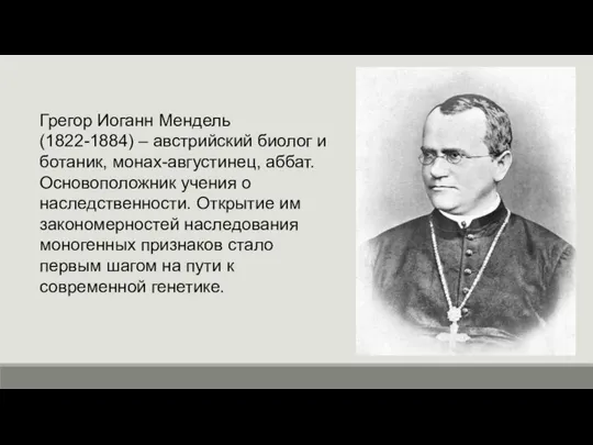 Грегор Иоганн Мендель (1822-1884) – австрийский биолог и ботаник, монах-августинец, аббат.