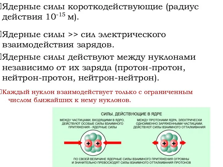 Ядерные силы короткодействующие (радиус действия 10-15 м). Ядерные силы >> сил