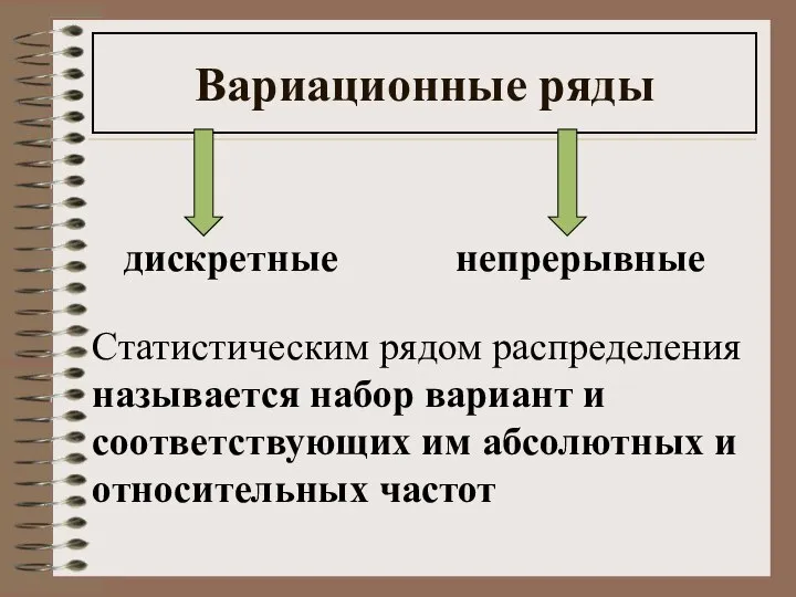 Вариационные ряды дискретные непрерывные Статистическим рядом распределения называется набор вариант и