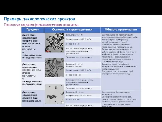 Примеры технологических проектов Технологии создания фармакологических наночастиц