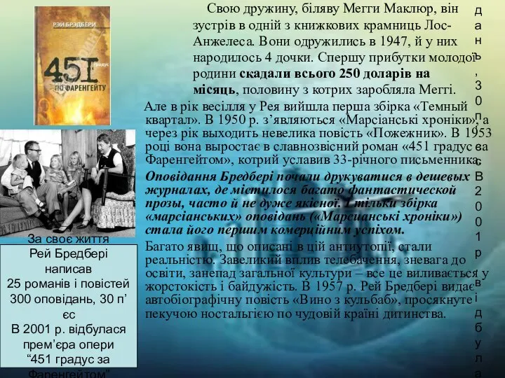 За своє життя Рей Бредбері написав 25 романів і повістей 300