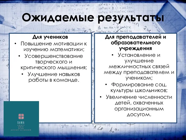 Ожидаемые результаты Для учеников Повышение мотивации к изучению математики; Усовершенствование творческого