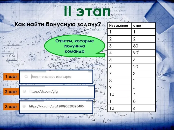 II этап Как найти бонусную задачу? Ответы, которые получила команда 1 шаг 2 шаг 3 шаг