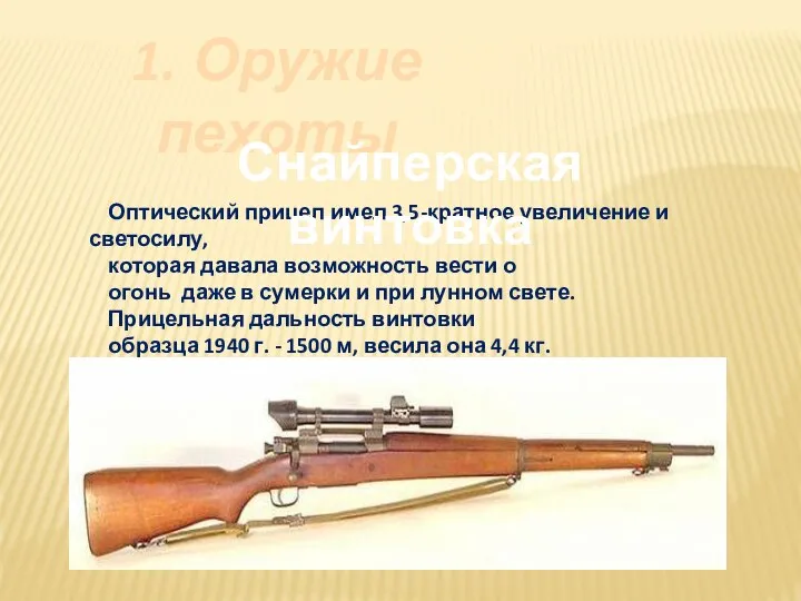 1. Оружие пехоты Оптический прицел имел 3,5-кратное увеличение и светосилу, которая