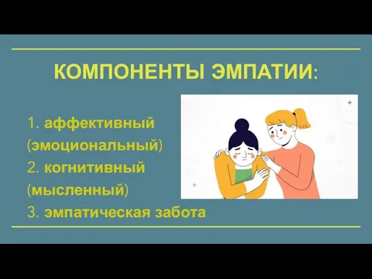 КОМПОНЕНТЫ ЭМПАТИИ: 1. аффективный (эмоциональный) 2. когнитивный (мысленный) 3. эмпатическая забота