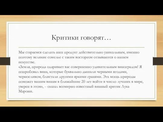 Критики говорят… Мы стараемся сделать наш продукт действительно уникальным, именно поэтому