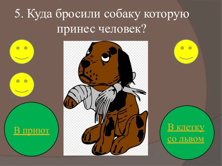 5. Куда бросили собаку которую принес человек? В приют В клетку со львом