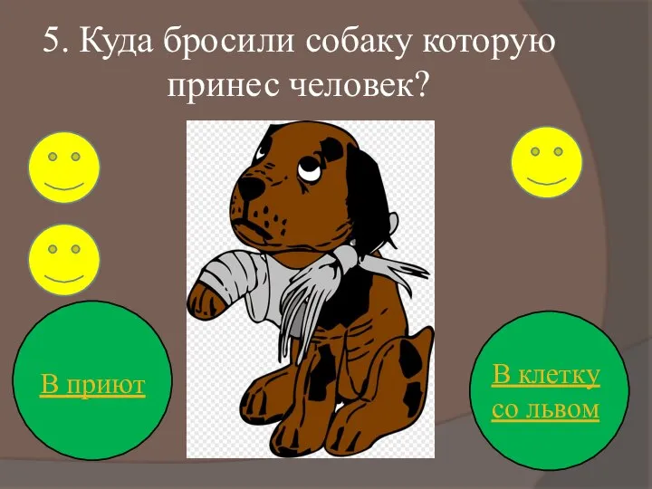 5. Куда бросили собаку которую принес человек? В приют В клетку со львом