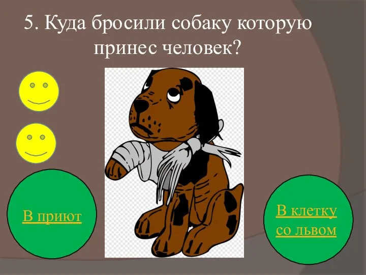 5. Куда бросили собаку которую принес человек? В приют В клетку со львом