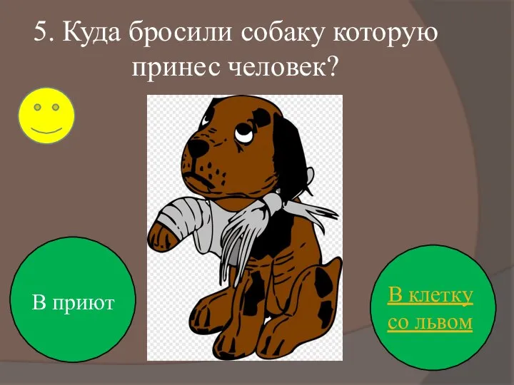 5. Куда бросили собаку которую принес человек? В приют В клетку со львом