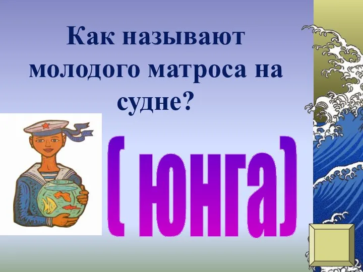 Как называют молодого матроса на судне? ( юнга)