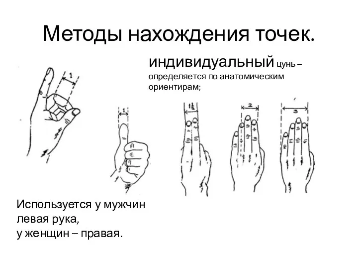 Методы нахождения точек. индивидуальный цунь – определяется по анатомическим ориентирам; Используется