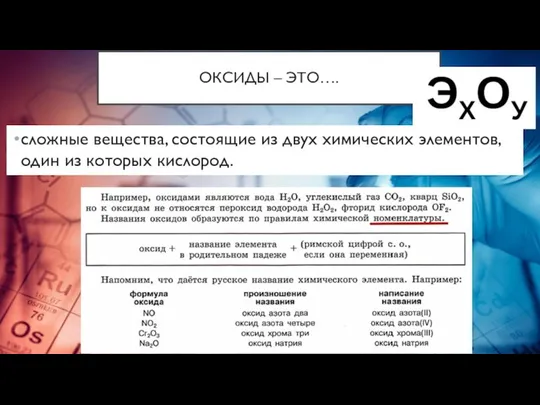 ОКСИДЫ – ЭТО…. сложные вещества, состоящие из двух химических элементов, один из которых кислород.