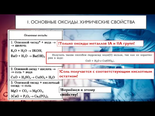 1. ОСНОВНЫЕ ОКСИДЫ. ХИМИЧЕСКИЕ СВОЙСТВА !Только оксиды металлов IA и IIA