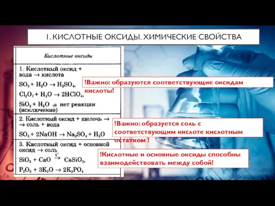 1. КИСЛОТНЫЕ ОКСИДЫ. ХИМИЧЕСКИЕ СВОЙСТВА !Важно: образуются соответствующие оксидам кислоты! !Важно: