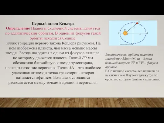 Первый закон Кеплера Определение Планеты Солнечной системы движутся по эллиптическим орбитам.