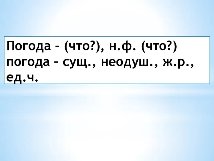 Погода – (что?), н.ф. (что?) погода – сущ., неодуш., ж.р., ед.ч.