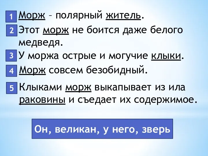 Он, великан, у него, зверь Морж – полярный житель. Этот морж