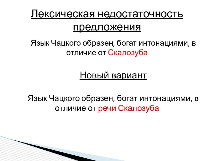 Язык Чацкого образен, богат интонациями, в отличие от Скалозуба Новый вариант