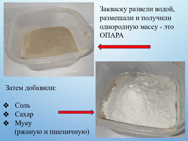 Закваску развели водой, размешали и получили однородную массу - это ОПАРА