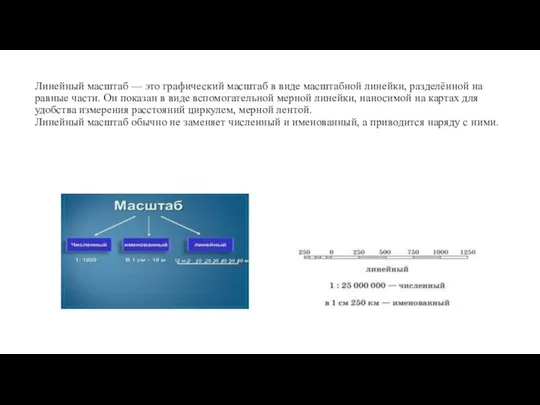 Линейный масштаб — это графический масштаб в виде масштабной линейки, разделённой