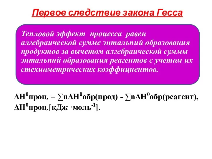 Первое следствие закона Гесса ΔН0проц. = ∑nΔН0обр(прод) - ∑nΔН0обр(реагент), ΔН0проц.[кДж ·моль-1].