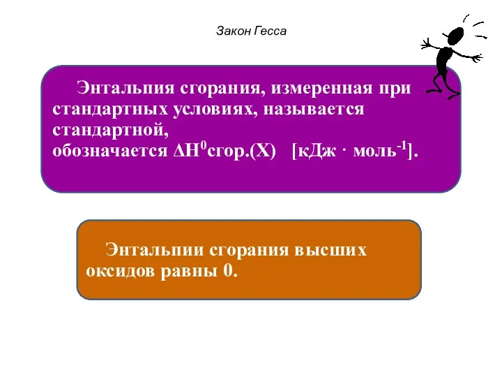 Закон Гесса Энтальпия сгорания, измеренная при стандартных условиях, называется стандартной, обозначается