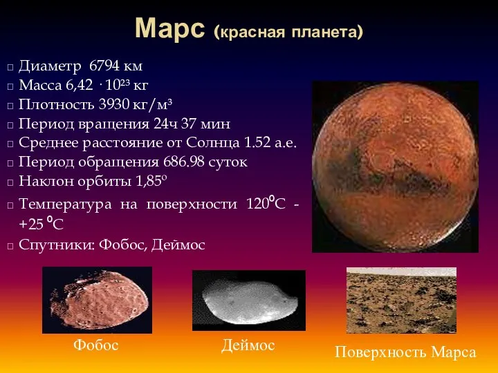 Марс (красная планета) Диаметр 6794 км Масса 6,42 · 10²³ кг