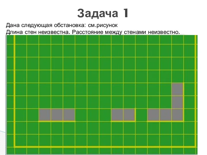 Задача 1 Дана следующая обстановка: см.рисунок Длина стен неизвестна. Расстояние между стенами неизвестно.