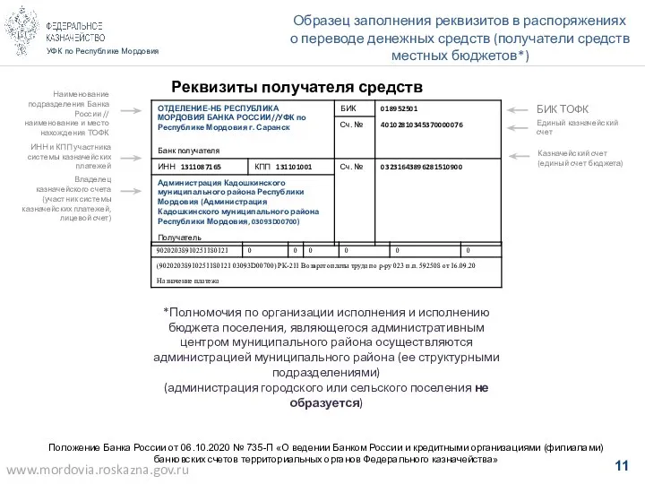 УФК по Республике Мордовия Образец заполнения реквизитов в распоряжениях о переводе