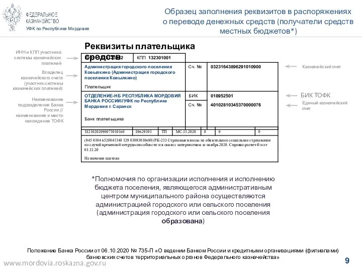 УФК по Республике Мордовия Образец заполнения реквизитов в распоряжениях о переводе