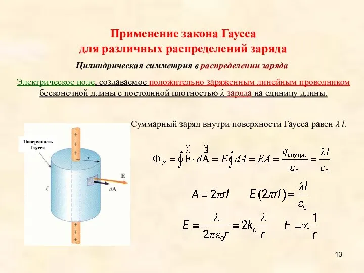 Суммарный заряд внутри поверхности Гаусса равен λ l. Применение закона Гаусса