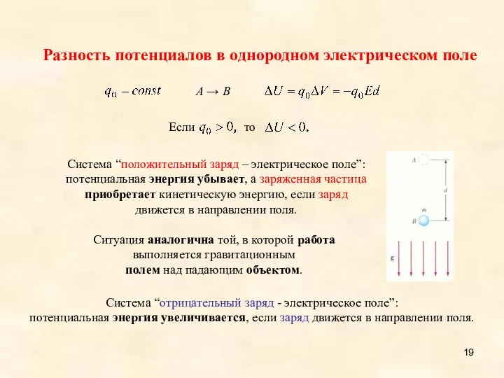 A → B Система “положительный заряд – электрическое поле”: потенциальная энергия