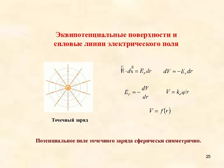 Потенциальное поле точечного заряда сферически симметрично. Эквипотенциальные поверхности и силовые линии электрического поля