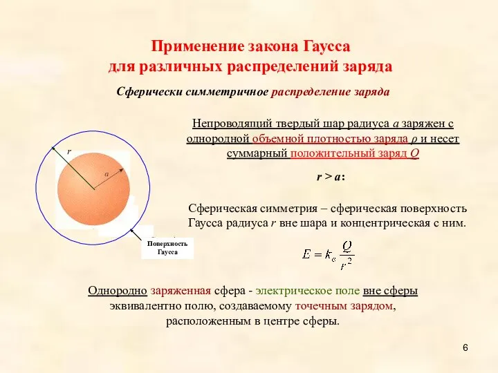 Сферическая симметрия – сферическая поверхность Гаусса радиуса r вне шара и