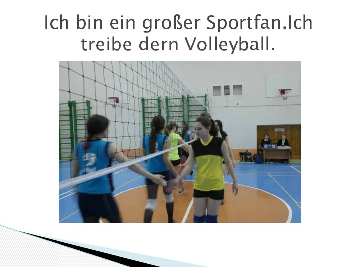 Ich bin ein großer Sportfan.Ich treibe dern Volleyball.