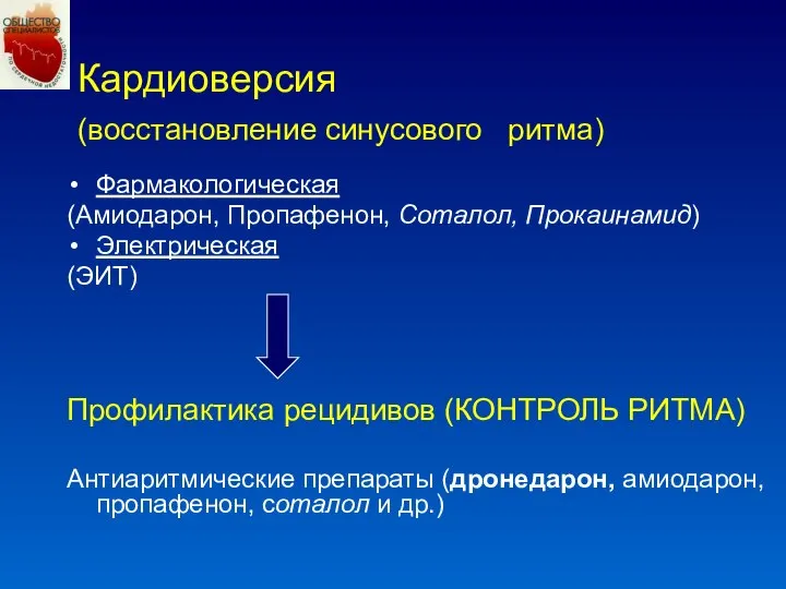 Кардиоверсия (восстановление синусового ритма) Фармакологическая (Амиодарон, Пропафенон, Соталол, Прокаинамид) Электрическая (ЭИТ)