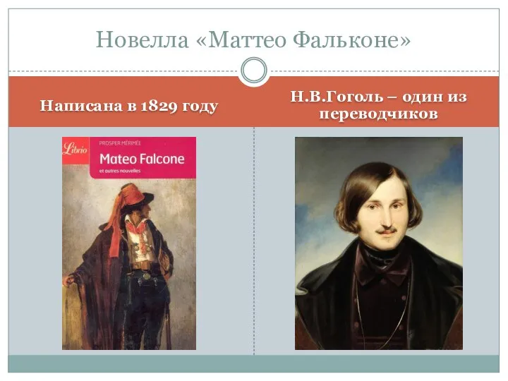 Написана в 1829 году Н.В.Гоголь – один из переводчиков Новелла «Маттео Фальконе»